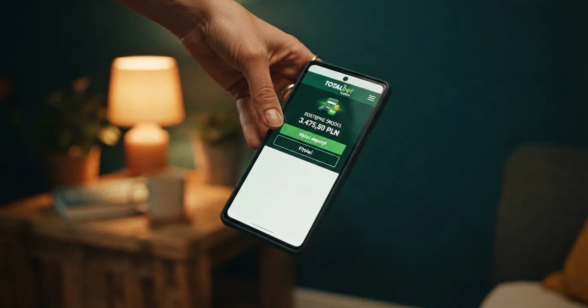 Dłoń trzymająca smartfon z otwartym ekranem salda konta gracza i przyciskiem wpłaty na ePortfel