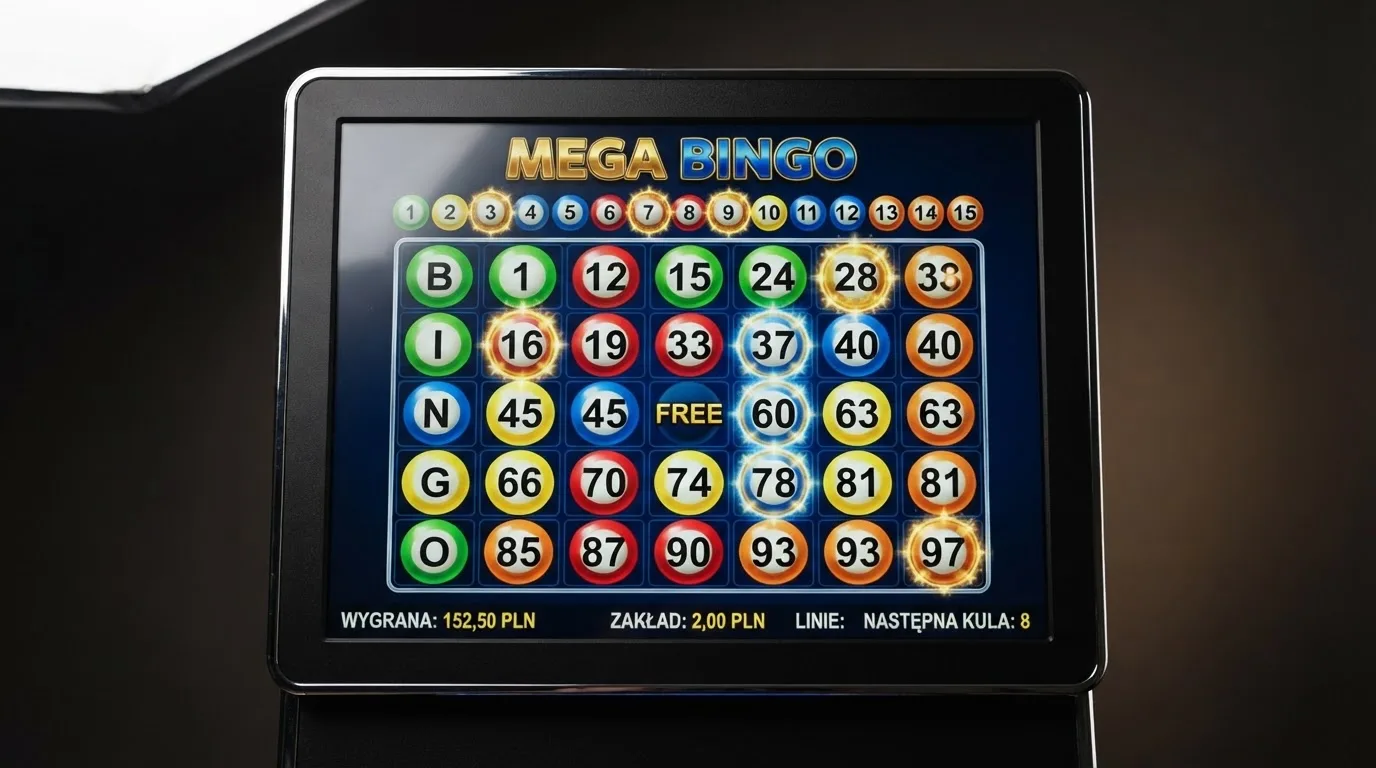 Ekran automatu do gry z kolorową planszą w stylu bingo i podświetlonymi liczbami