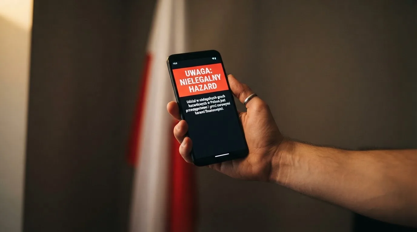 Dłoń trzymająca telefon z widocznym komunikatem ostrzegawczym o legalności hazardu online na tle biało-czerwonej flagi Polski.