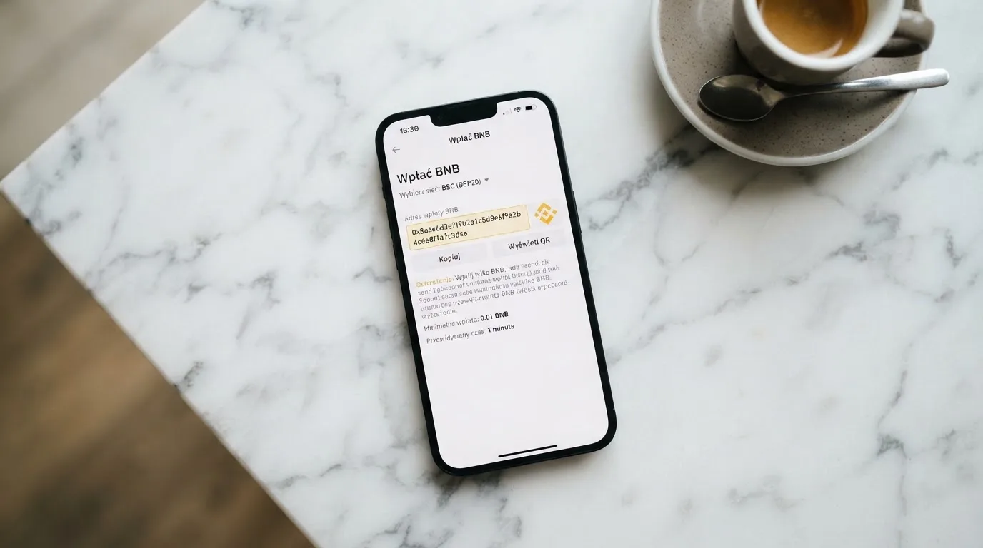 Zbliżenie na formularz wpłaty w kasynie online z polem na adres portfela kryptowalutowego BNB Smart Chain.
