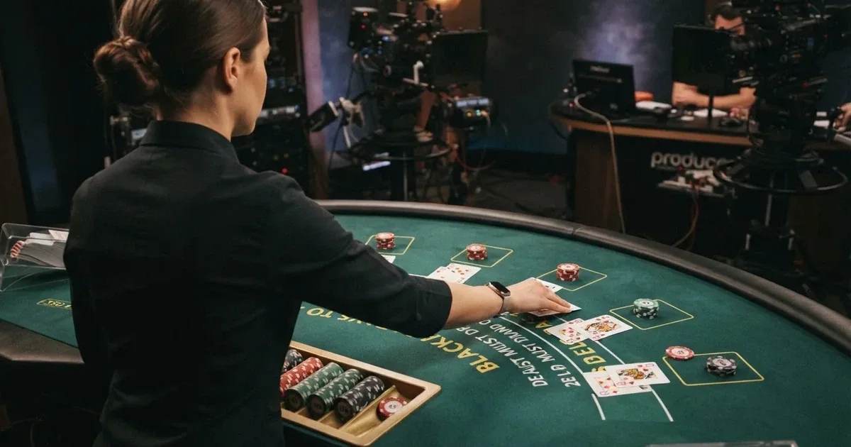 Krupier rozdający karty przy stole blackjacka na żywo w kasynie online