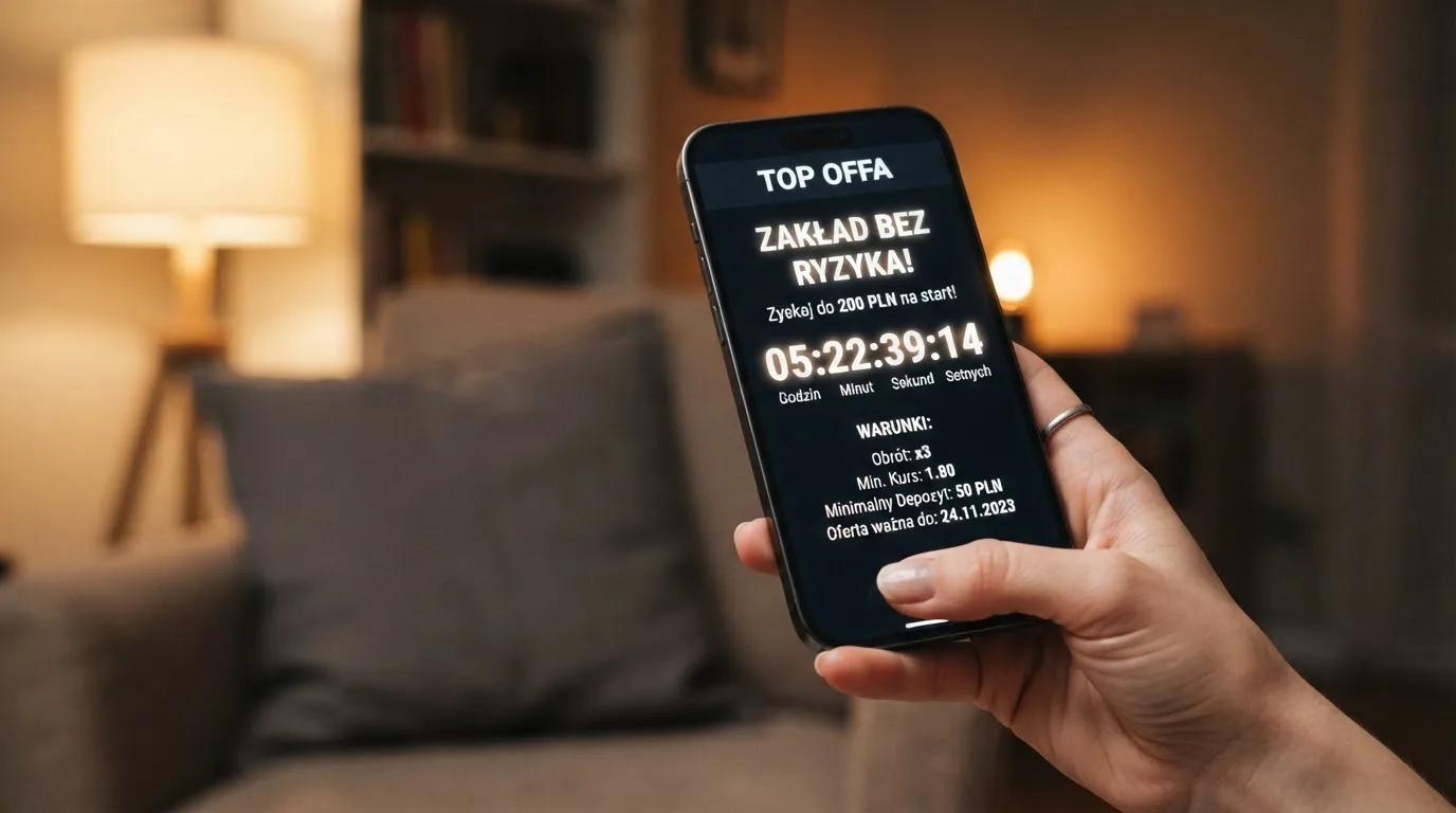 Zbliżenie na telefon z listą warunków promocji i licznikiem odliczającym dni do końca oferty