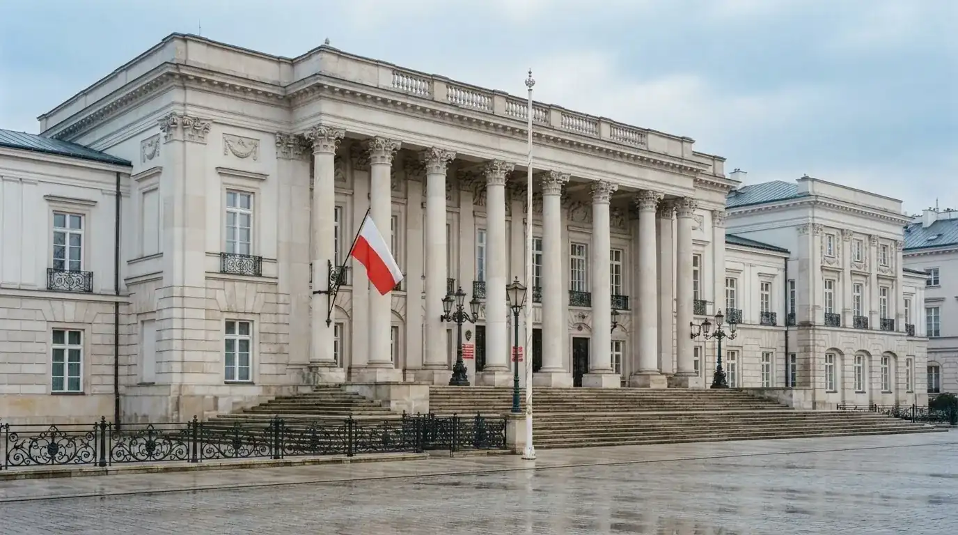 Fasada budynku instytucji państwowej z flagą Polski, symbol nadzoru regulatora nad rynkiem gier hazardowych