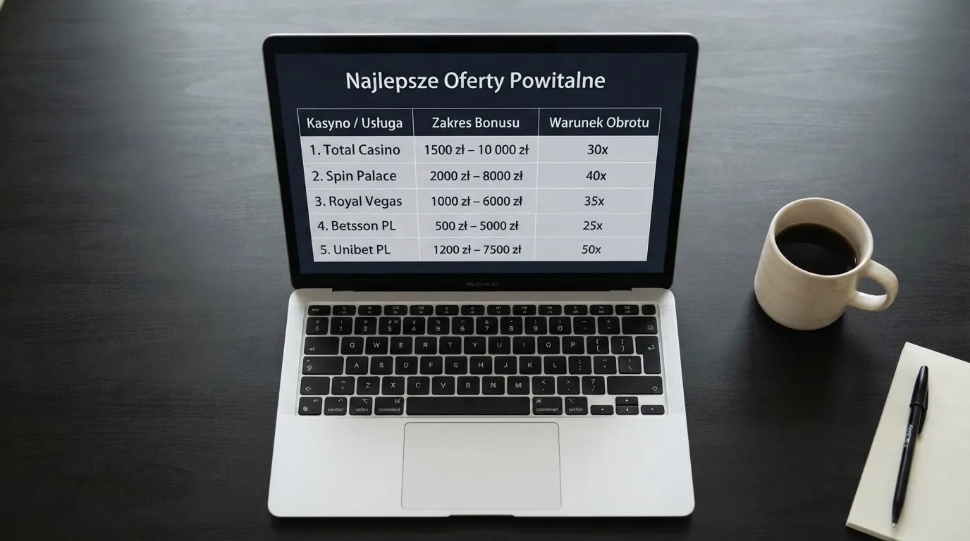 Widok z góry na laptop z otwartą tabelą porównawczą ofert powitalnych kilku serwisów kasynowych