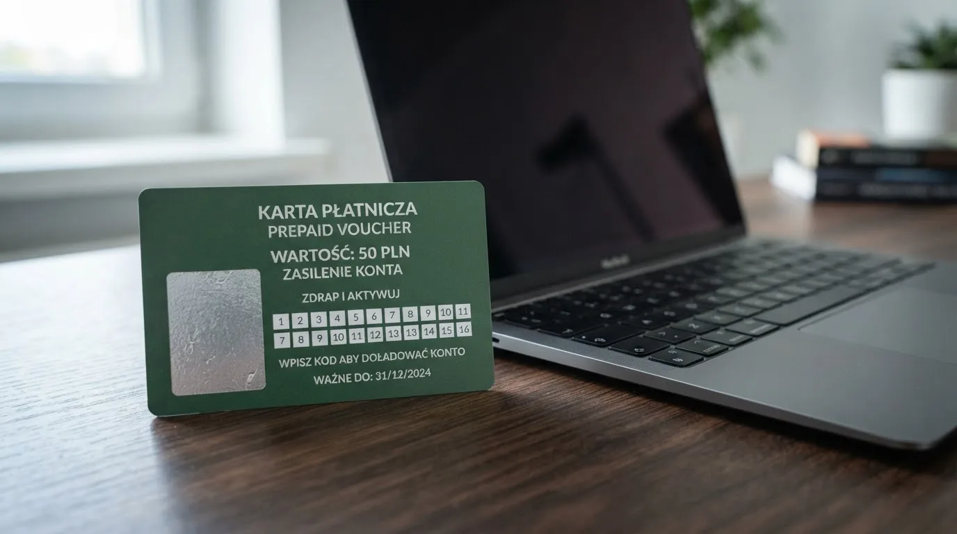 Karta przedpłacona Paysafecard z zasłoniętym polem kodu PIN obok klawiatury laptopa
