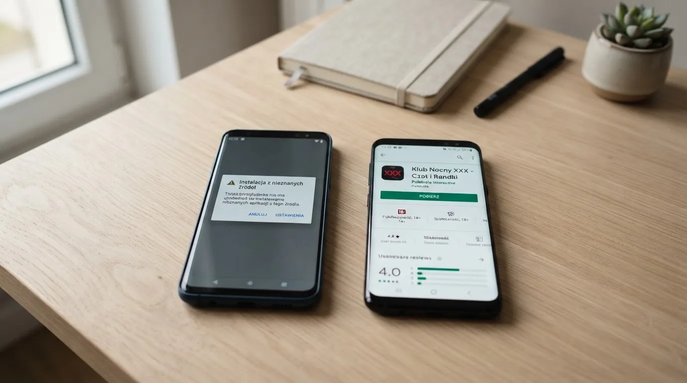 Dwa telefony obok siebie: na jednym komunikat zgody na instalację pliku APK z nieznanego źródła, na drugim strona aplikacji w sklepie z przyciskiem pobierania