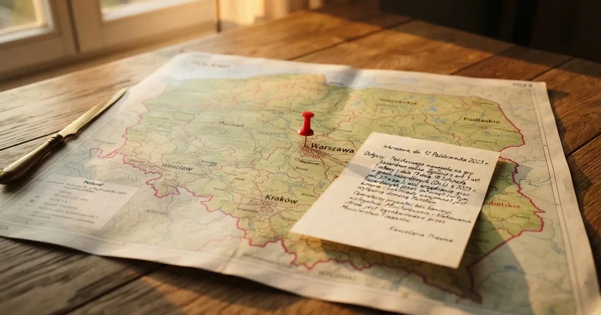 Mapa Polski rozłożona na biurku z jedną czerwoną pinezką wbitą w Warszawę i kartką z odręcznym dopiskiem o monopolu państwa