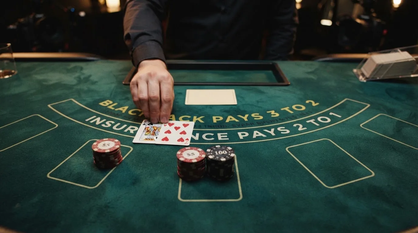 Krupier rozdający karty przy stole blackjacka podczas transmisji na żywo