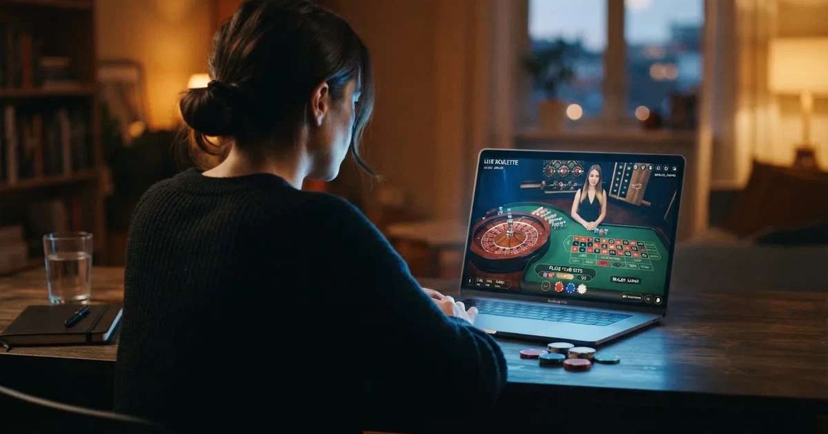 Gracz przy laptopie czyta krótkie wyjaśnienie, czym jest kasyno na żywo