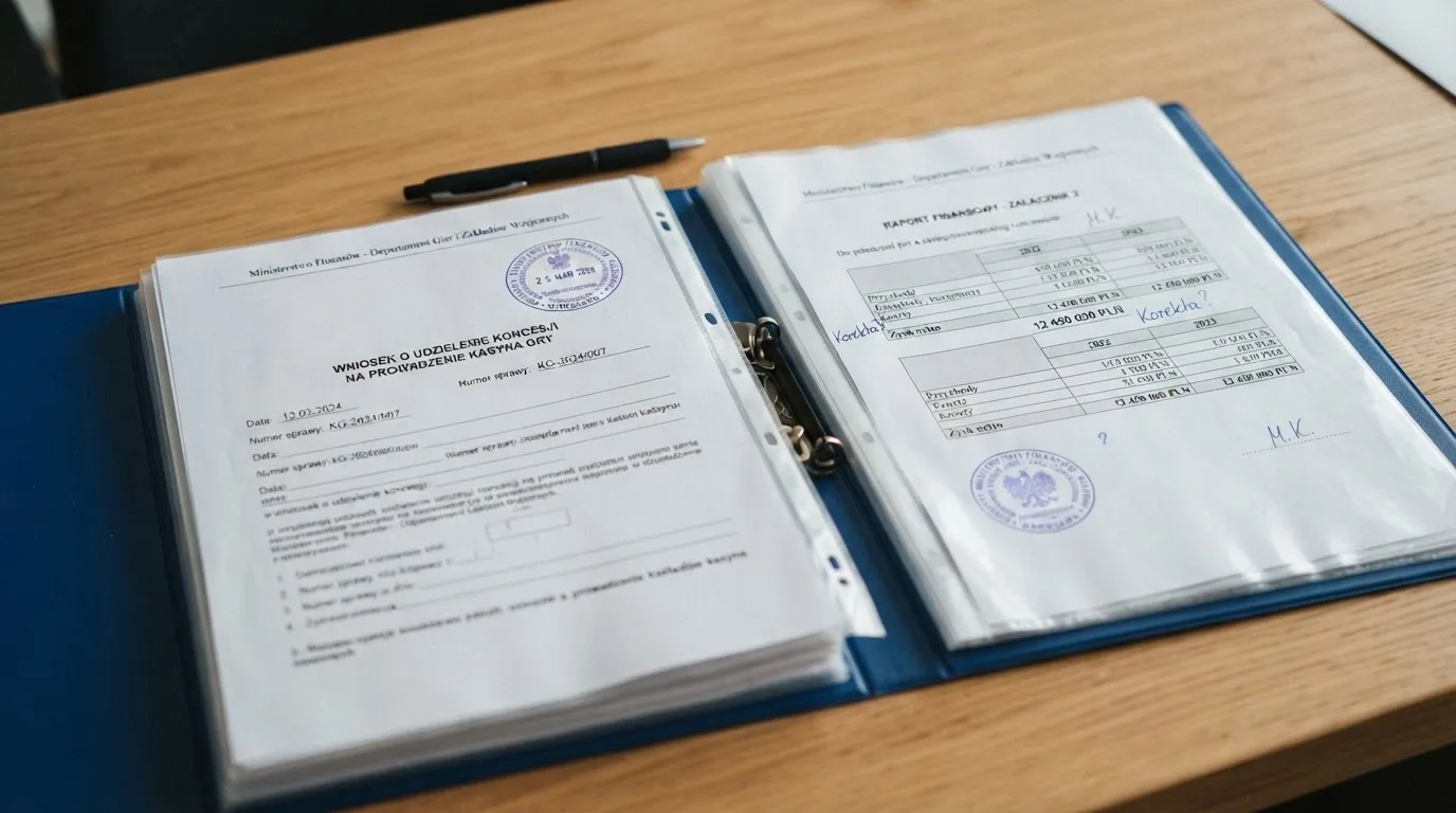 Segregator z wnioskiem o koncesję na kasyno gry, wydrukiem sprawozdania finansowego i urzędową pieczątką leżący na biurku