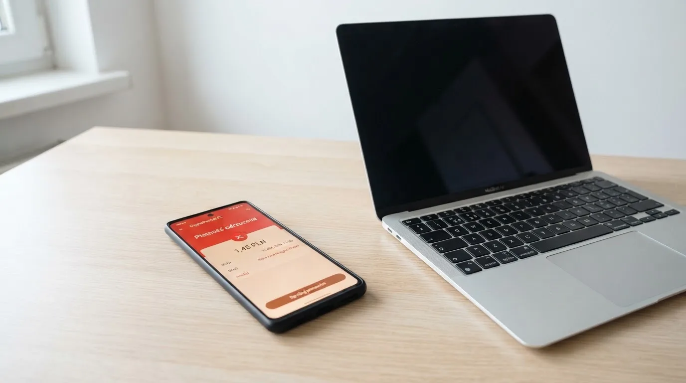 Smartfon z otwartym portfelem kryptowalut i komunikatem o odrzuconej płatności leżący obok laptopa