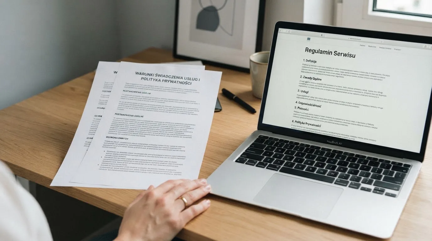 Dokument regulaminu operatora kasyna online rozłożony obok laptopa z otwartą stroną warunków gry