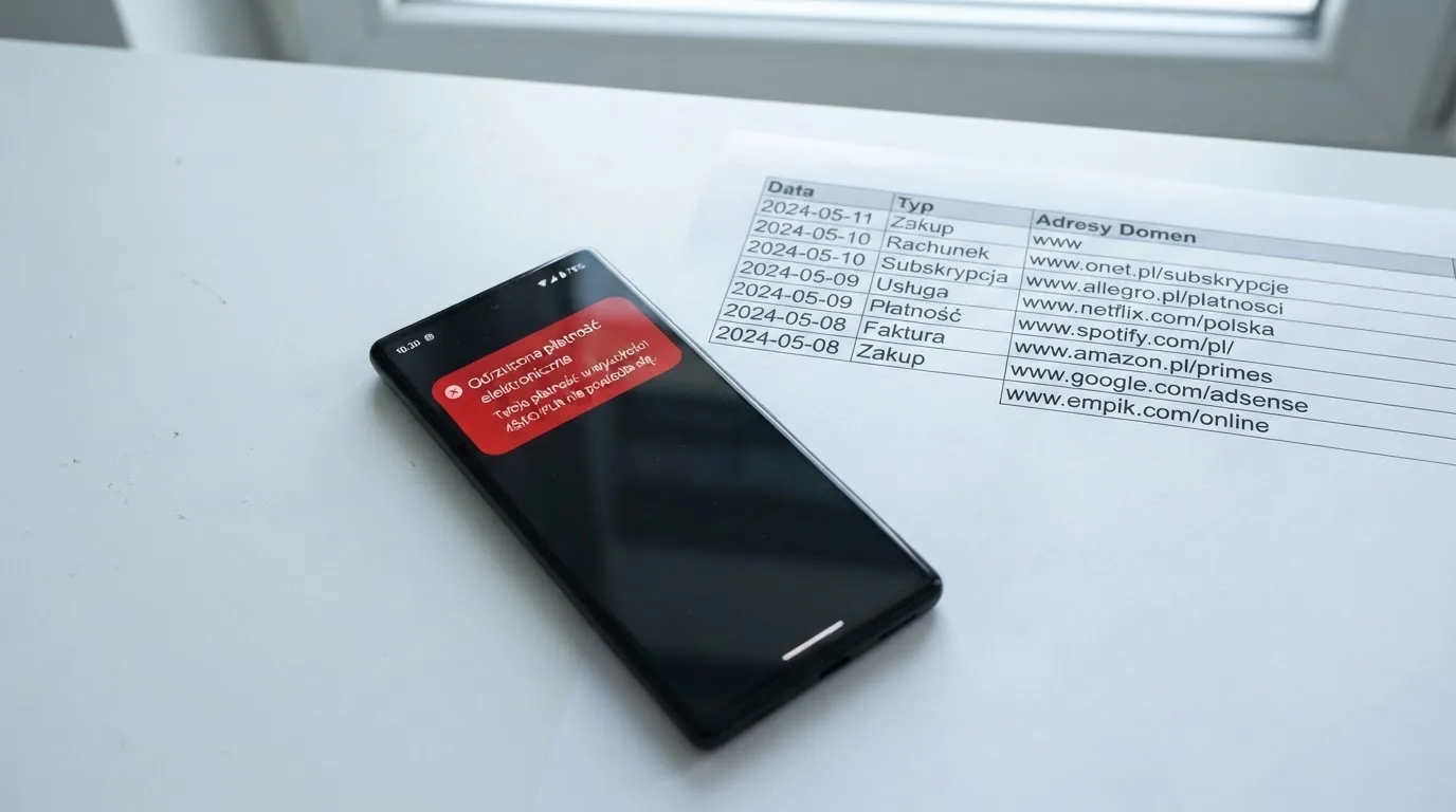 Telefon z komunikatem o odrzuconej płatności na ekranie, obok wydruk tabeli z listą zablokowanych adresów stron