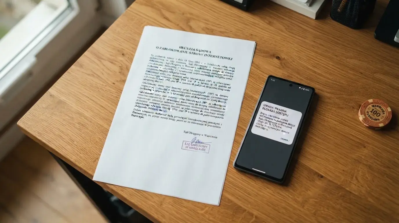 Biurko z wydrukiem ustawy o grach hazardowych i telefonem wyświetlającym komunikat o zablokowanej stronie kasyna