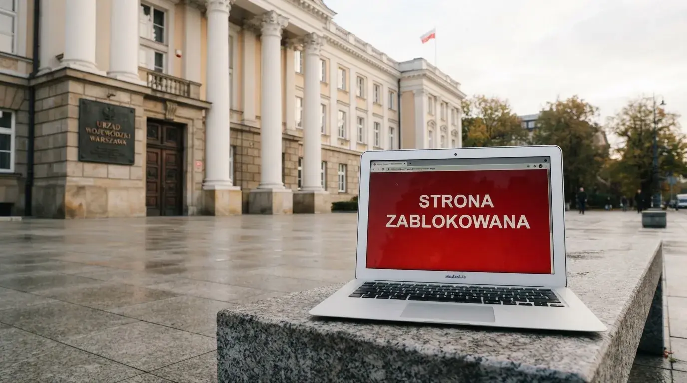 Budynek urzędu z tablicą ministerstwa, na pierwszym planie laptop z komunikatem o zablokowanej stronie kasyna