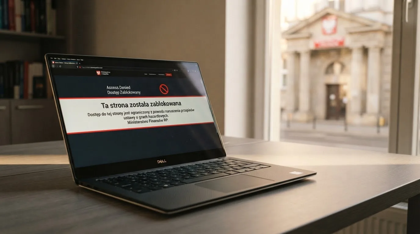 Laptop z komunikatem o zablokowanej stronie hazardowej, w tle budynek urzędu z tablicą ministerstwa