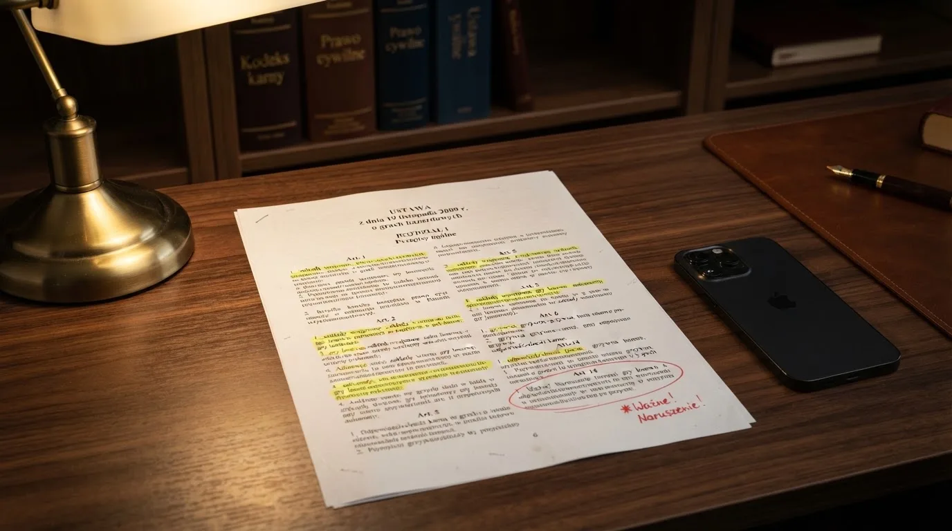 Wydruk ustawy o grach hazardowych z zakreślonymi artykułami leżący na biurku obok wyłączonego smartfona