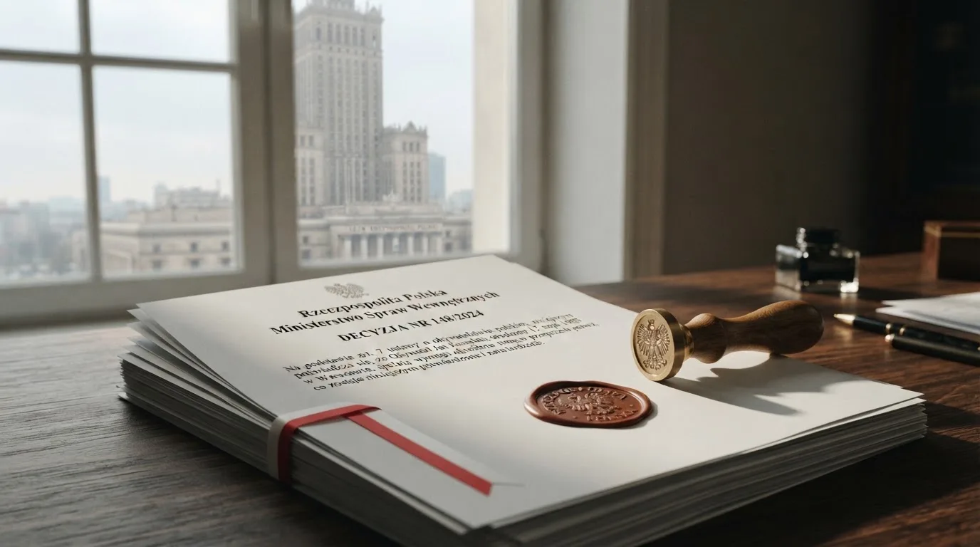 Stos dokumentów urzędowych i pieczęć na biurku, w tle sylwetka budynku administracji publicznej