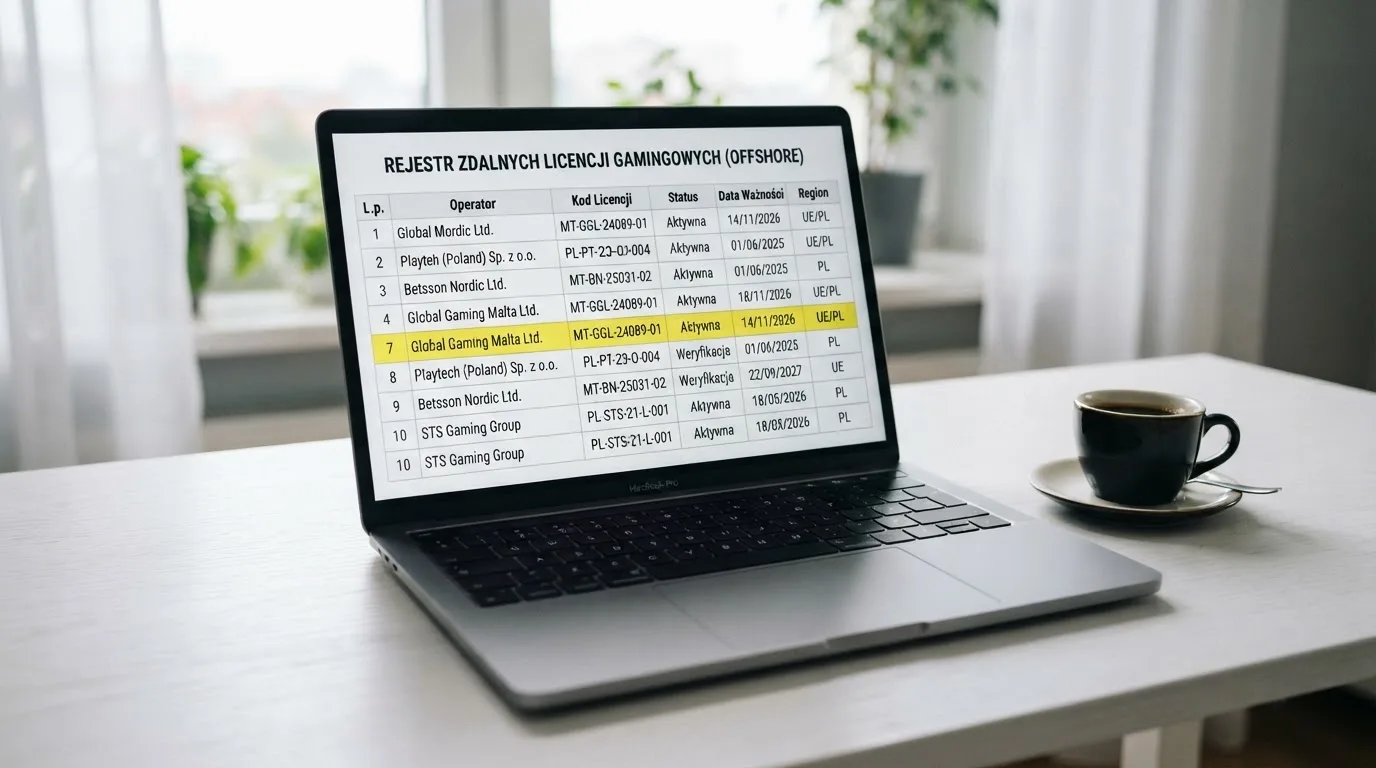 Ekran laptopa z otwartym rejestrem licencji regulatora z Curaçao, w którym jeden wiersz zaznaczono żółtym podświetleniem