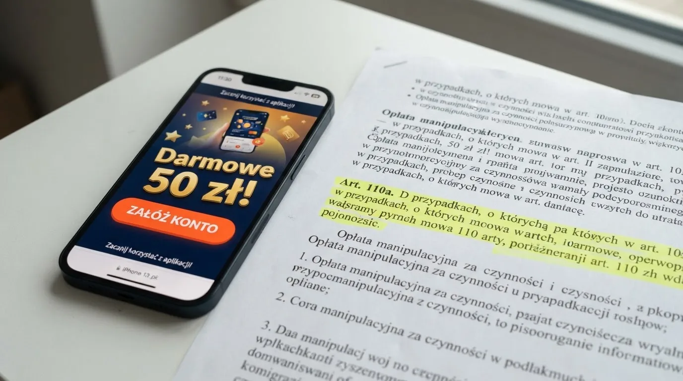 Telefon z banerem obiecującym darmowe złotówki za założenie konta, obok wydrukowany tekst ustawy o grach hazardowych z zaznaczonym artykułem
