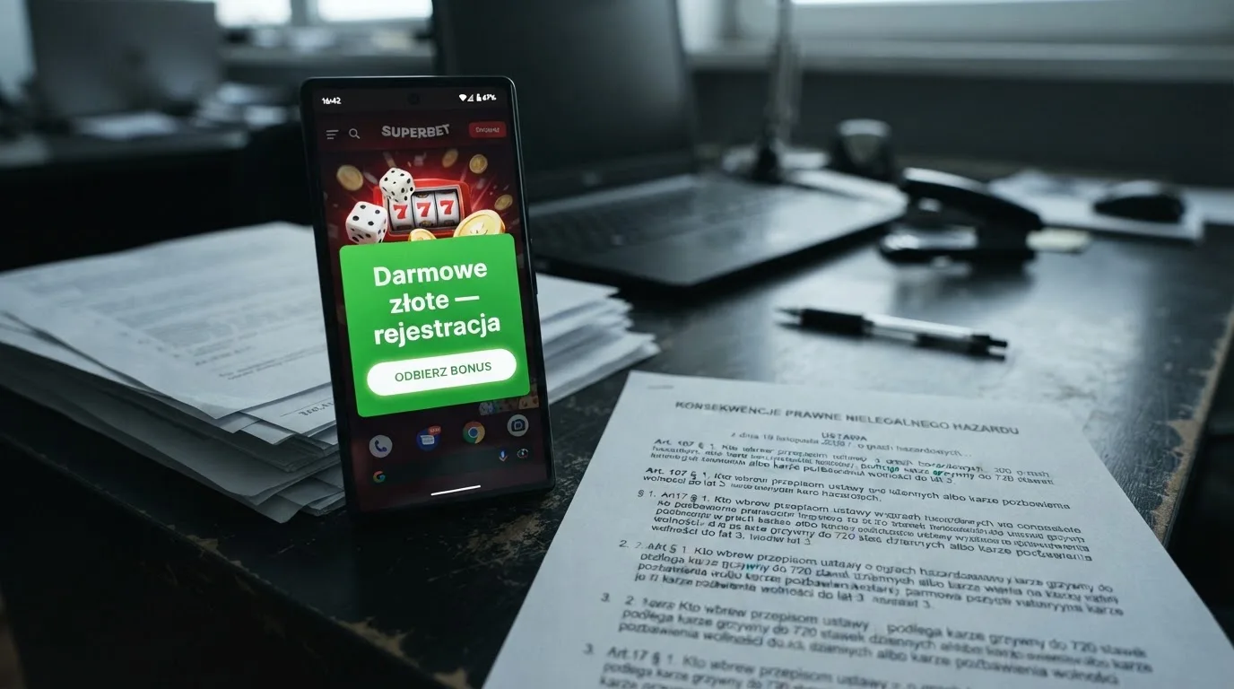 Telefon z wyskakującym banerem obiecującym darmowe złotówki za rejestrację, obok wydruk ustawy o grach hazardowych