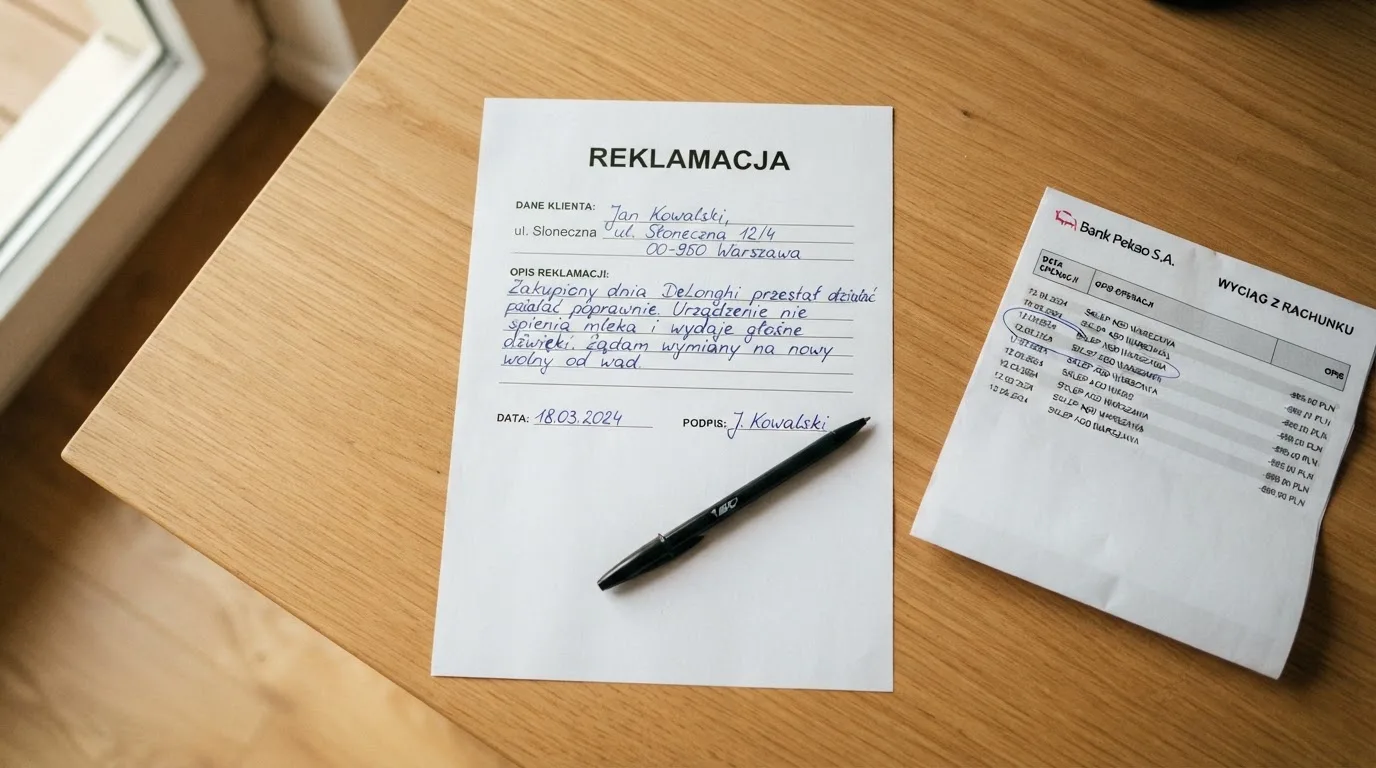 Wydrukowany formularz reklamacji leżący na biurku obok długopisu i wyciągu bankowego z zakreśloną pozycją