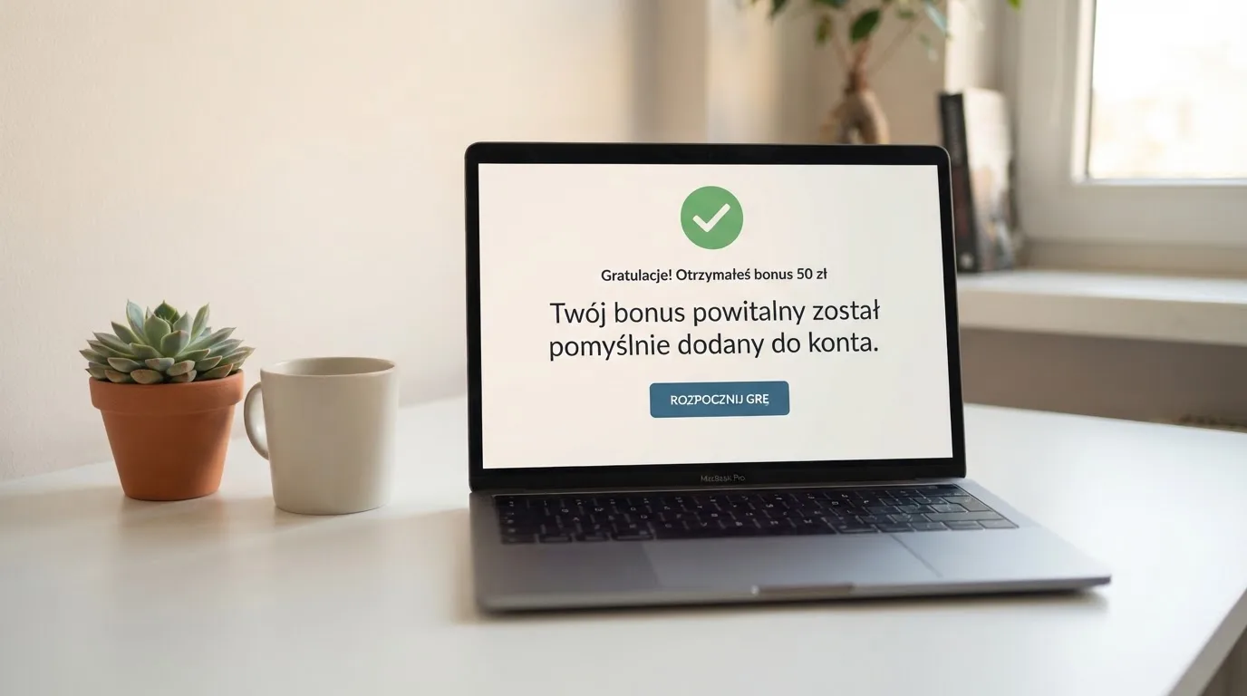 Ekran potwierdzenia założenia konta gracza w kasynie internetowym z komunikatem o bonusie startowym bez wpłaty