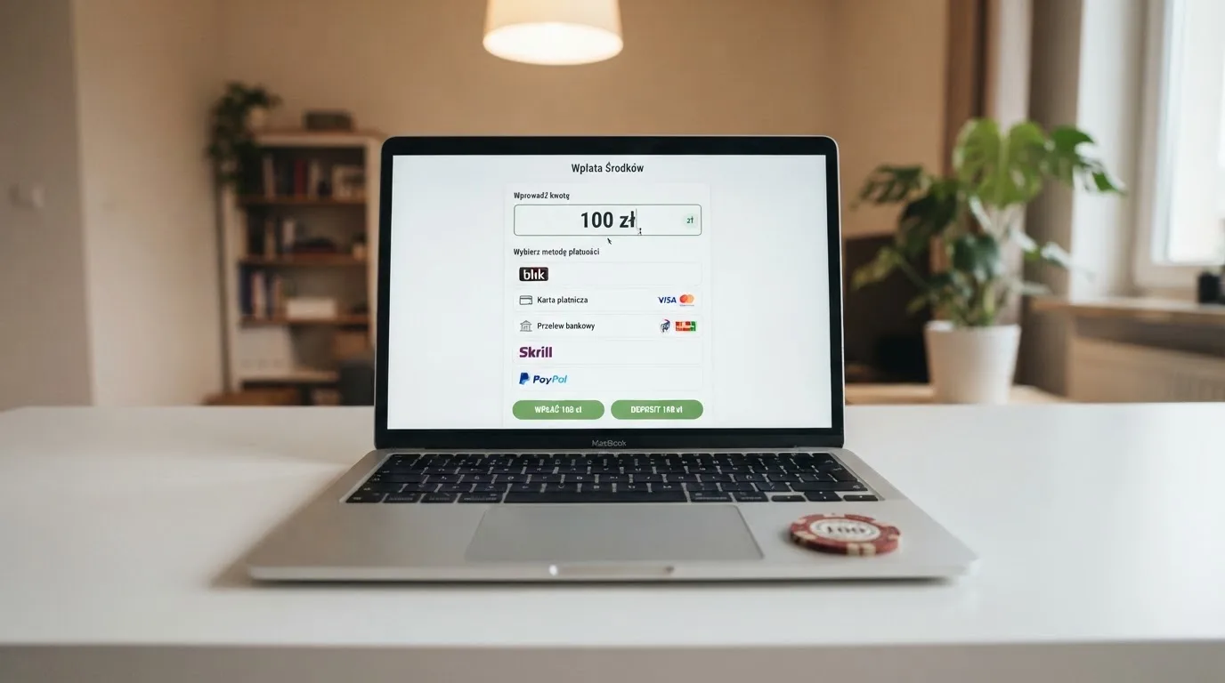 Laptop z oknem wpłaty na ePortfel, wpisana kwota 100 zł i lista metod: BLIK, karta płatnicza, szybki przelew