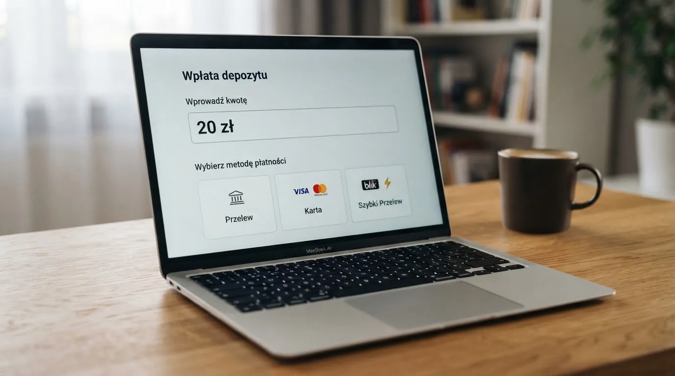 Laptop z otwartym formularzem wpłaty na kwotę 20 zł i wyborem między szybkim przelewem, kartą płatniczą a BLIK-iem