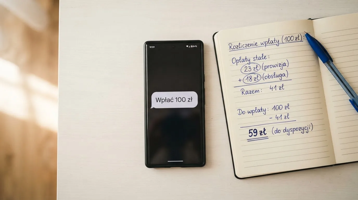 Ekran telefonu z wiadomością SMS obok kalkulatora liczącego opłaty