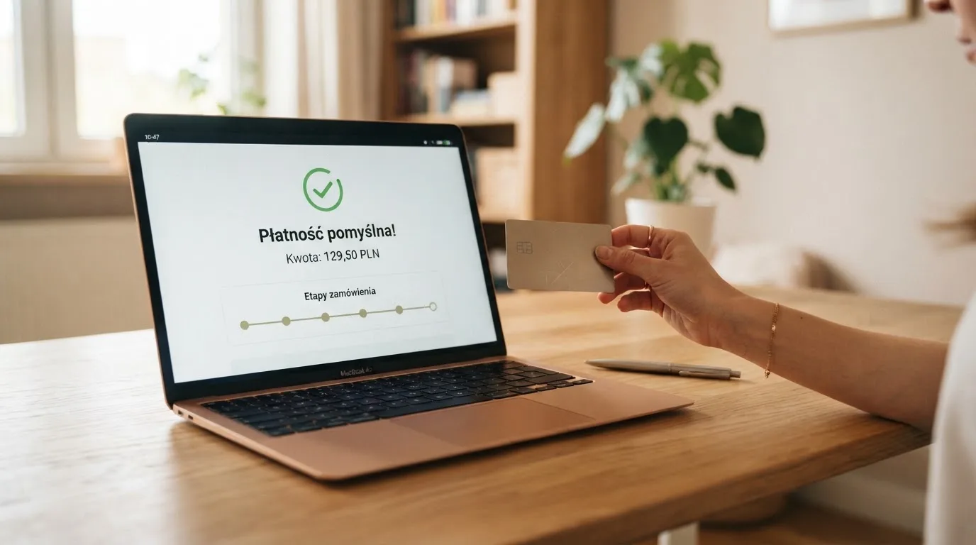 Dłoń trzyma kartę bankową przy laptopie, na ekranie widnieje prosty komunikat z jedną kwotą w złotych i zielonym haczykiem obok kalendarza siedmiu dni